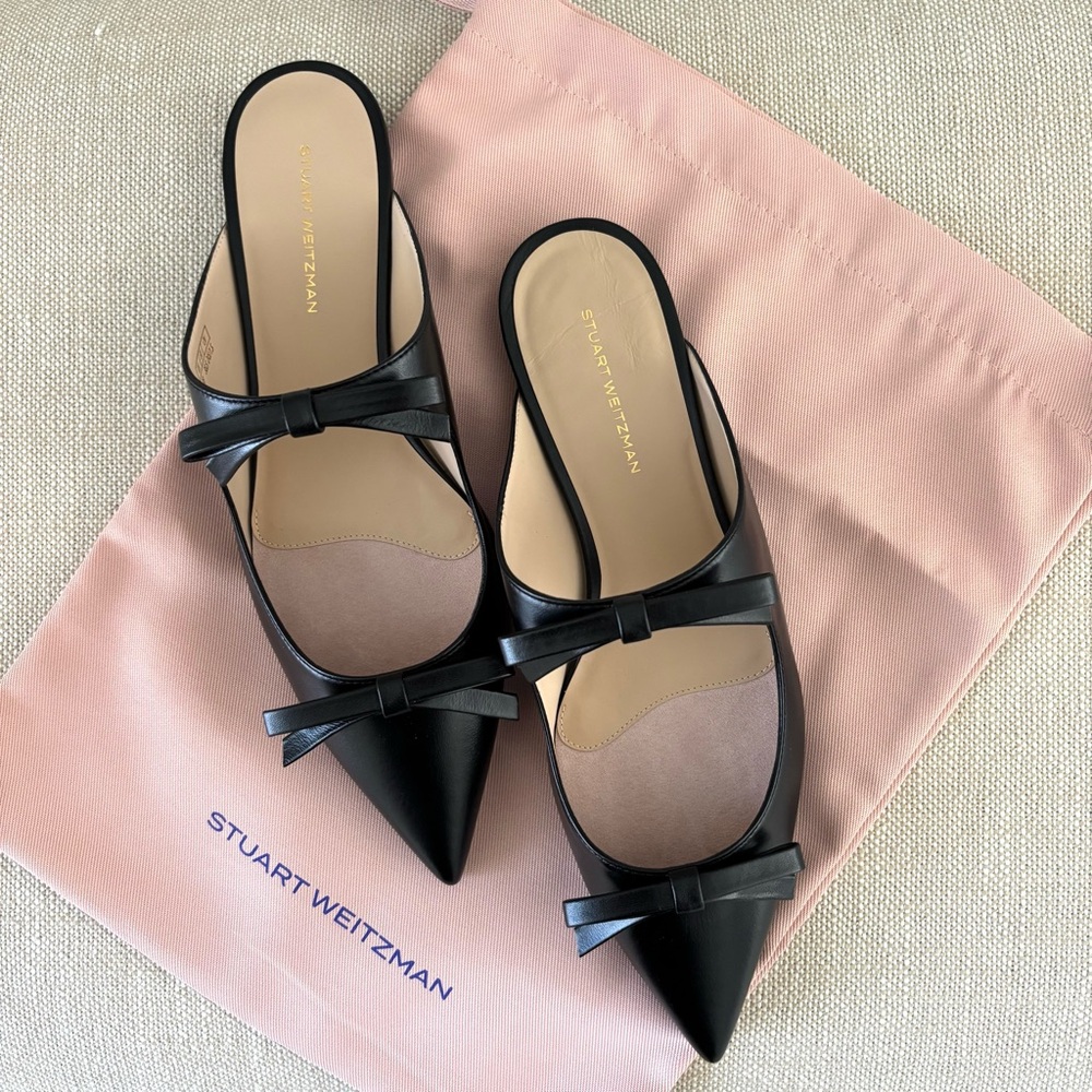 Stuart Weitzman Reese Flat Slide NIB Black Leather Mary-Jane Bows Pointy Toes 8 - Picture 10 of 15